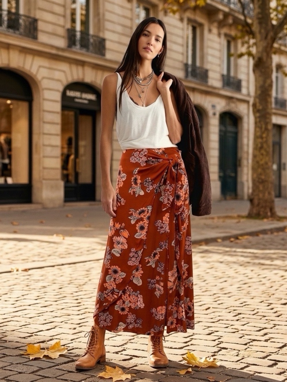 Free People Floral Faux Wrap Maxi Skirt Rust Orange Side Tie Size 6